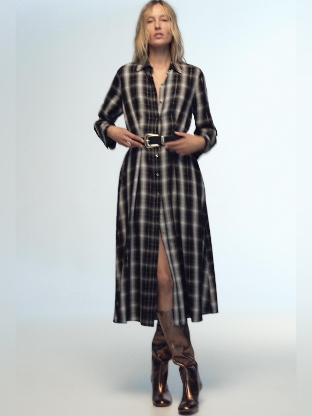 Zara Midi Plaid Shirt Midi Dress Women’s Large Long Sleeve Button Front No Belt